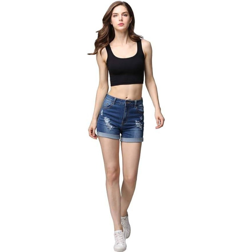 Cunlin Womens High Waisted Distressed Denim Shorts Medium Wash Blue Cuffed SZ L